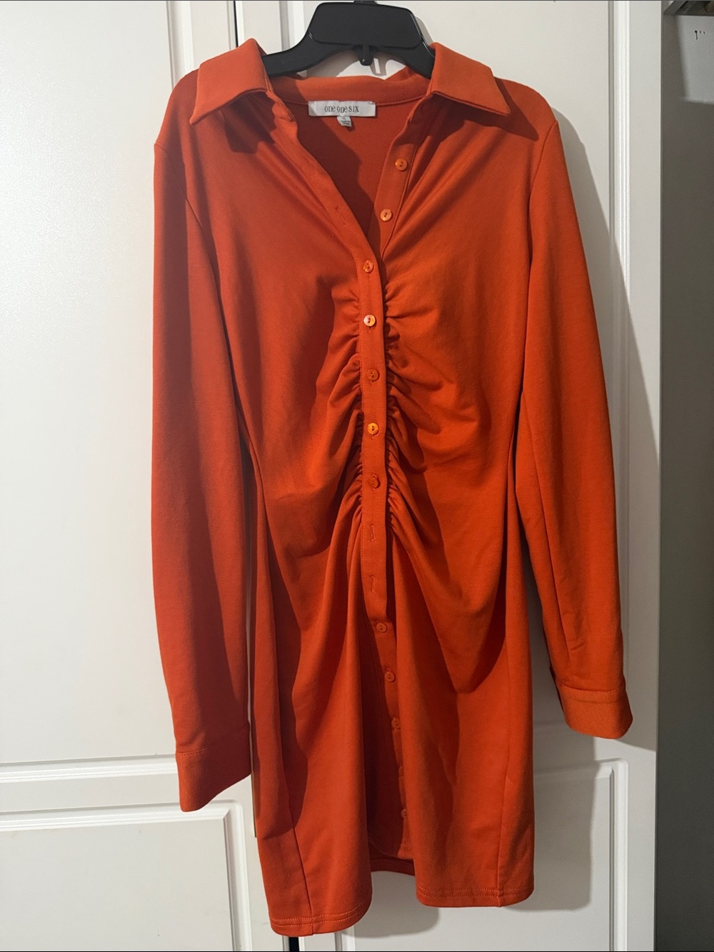 Ruched Front Orange Button-Up Shirt Dress